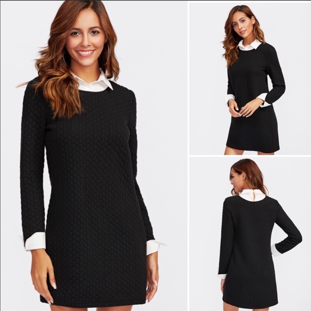 Shein Black Textured 2 in 1 Collared Dress